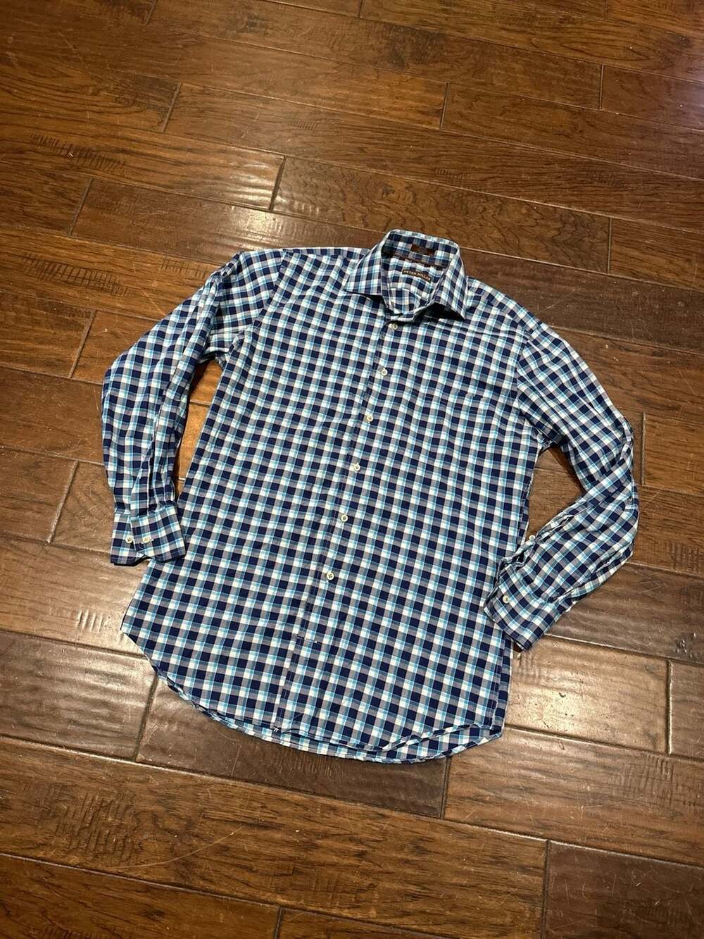 Peter Millar Blue Plaid Check Button Down Shirt Size Medium